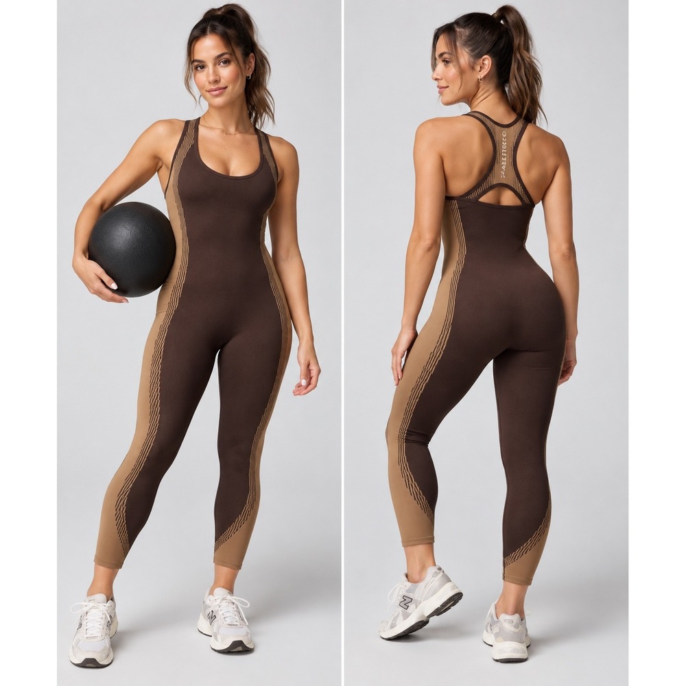 Fabletics Seamless Fusion 7/8 Jumpsuit M Cacao Quicksand Brown Tan Racerback
